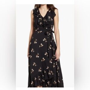 Nordstrom Black Floral Ruffle Wrap Midi Dress